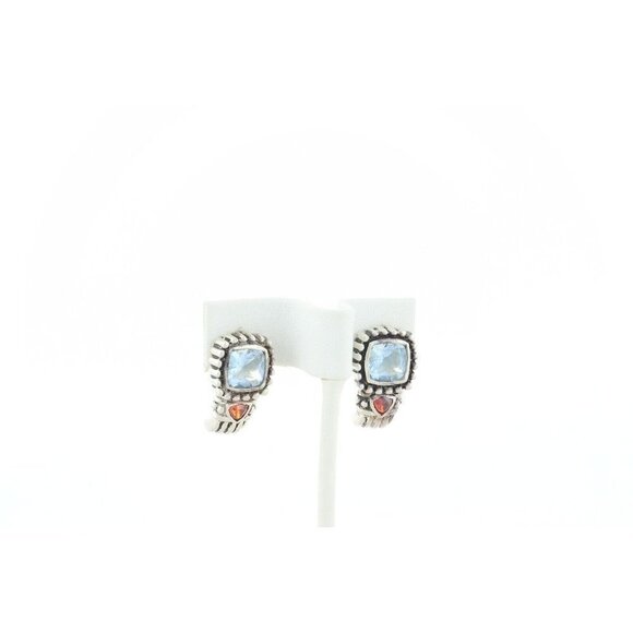 Sterling Silver Blue Glass with Red CZ J Hoop Earrings - Picture 5 of 8